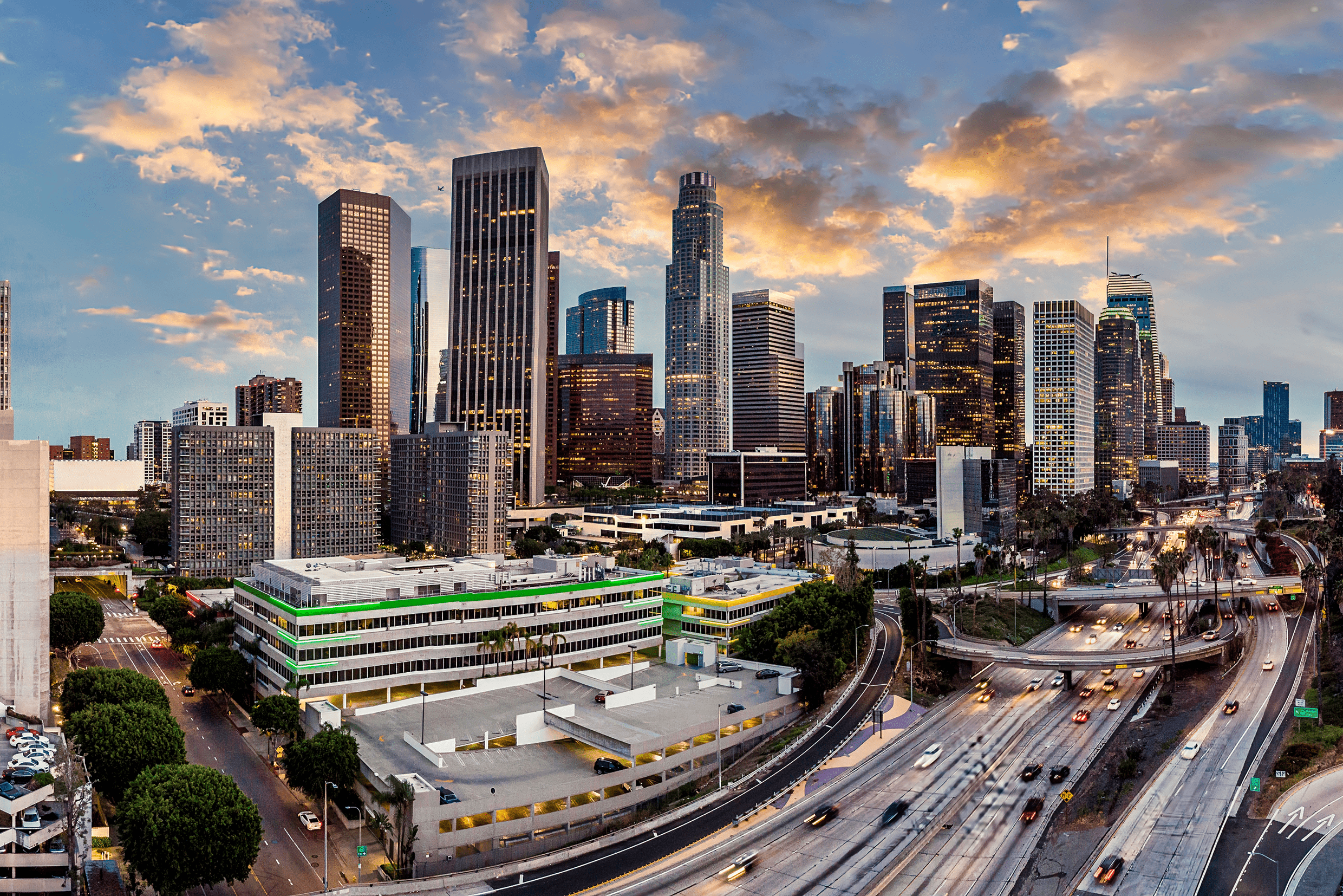 Urban landscape with colorful sunset sky